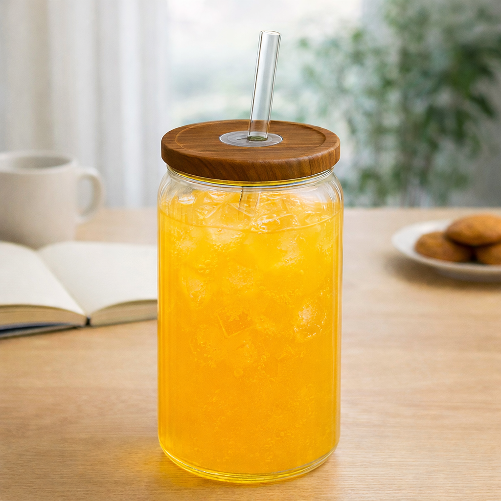 برطمان زجاجي للشرب بغطاء من الفولاذ المقاوم للصدأ وقش زجاجي