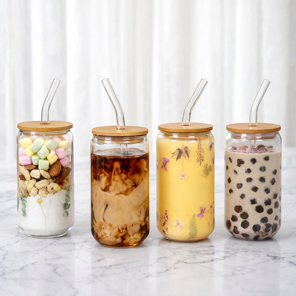 كوب زجاجي بغطاء من الخيزران