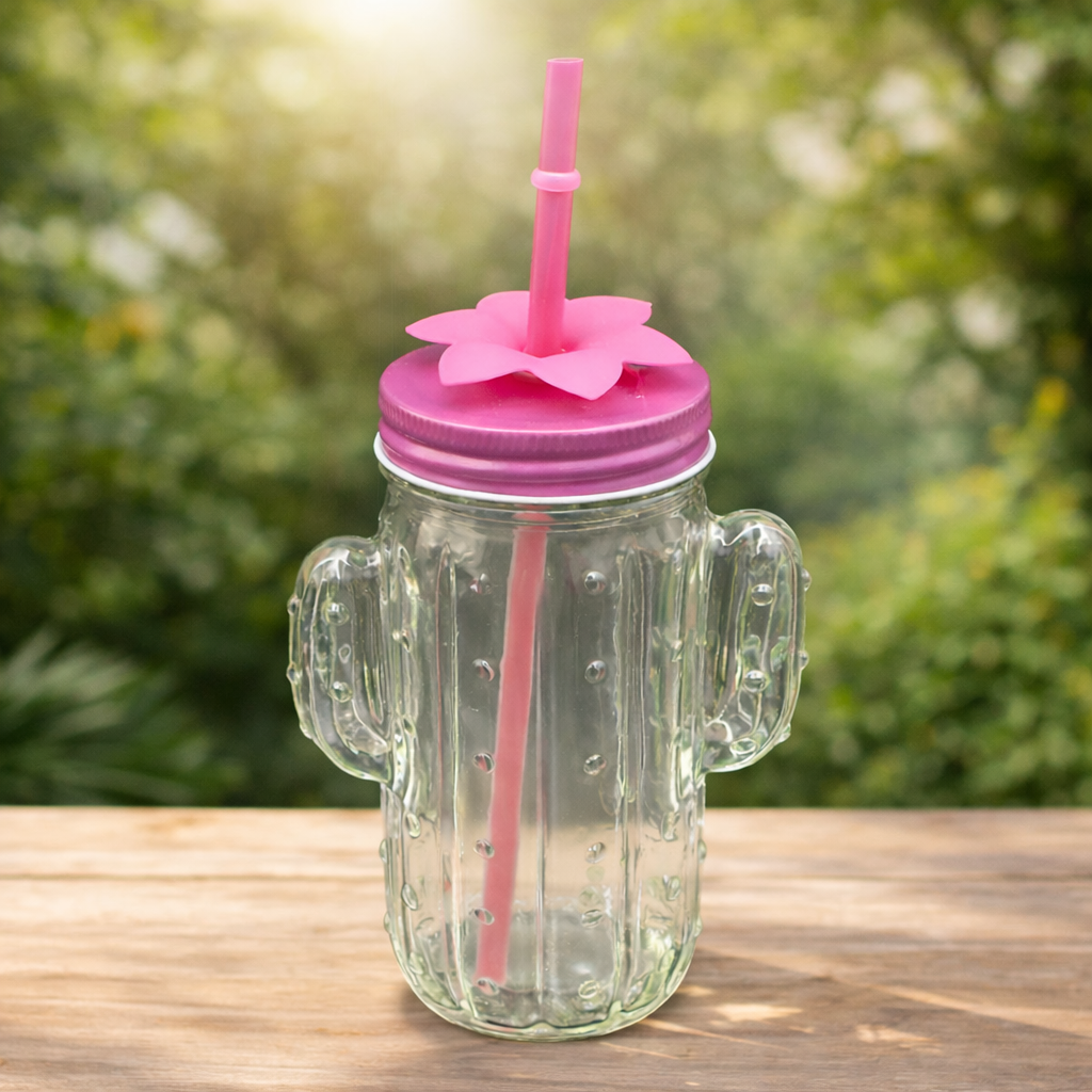 كوب زجاجي من الصبار مع غطاء وجرة للشرب من القش