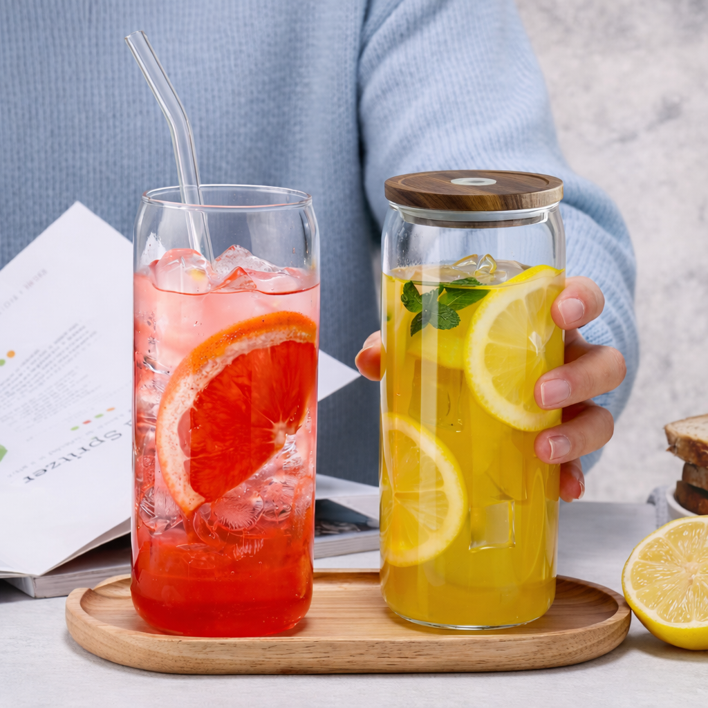 برطمان زجاجي للشرب بغطاء من الفولاذ المقاوم للصدأ وقش زجاجي