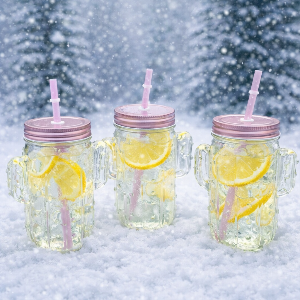 كوب زجاجي من الصبار مع غطاء وجرة للشرب من القش