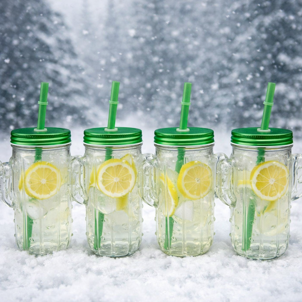 كوب زجاجي من الصبار مع غطاء وجرة للشرب من القش